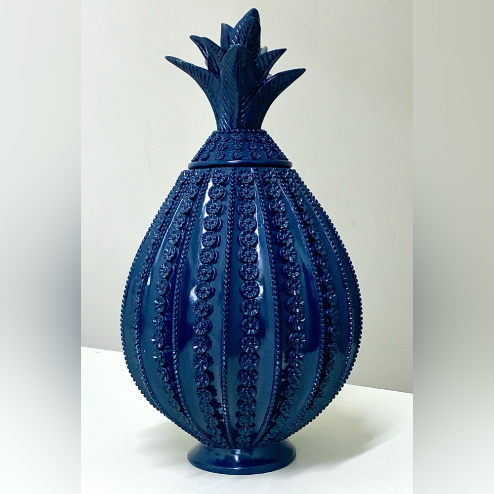 Nate Berkus Navy Blue Lacquer Lidded Textured Figural Pineapple Jar